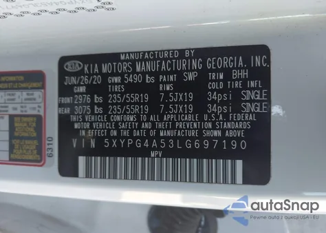 2020 Kia Sorento 3.3L S from USA, damaged, VIN 5XYPG4A53LG697190